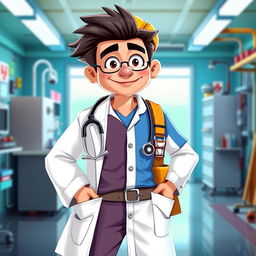 A unique character design of a doctor, the left half of their attire consisting of traditional medical gowns and scrubs, showcasing a stethoscope, while the right half is wearing engineering clothes, like a hard hat and a tool belt, blending the two professions seamlessly