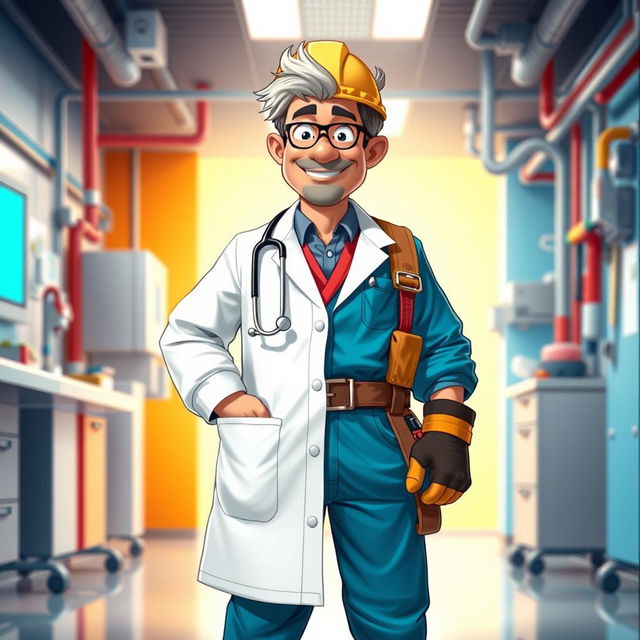 A unique character design of a doctor, the left half of their attire consisting of traditional medical gowns and scrubs, showcasing a stethoscope, while the right half is wearing engineering clothes, like a hard hat and a tool belt, blending the two professions seamlessly