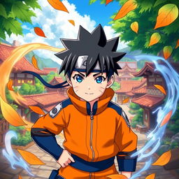 A beautiful boy inspired by Naruto anime, featuring vibrant orange and blue ninja attire, with spiky black hair and expressive blue eyes