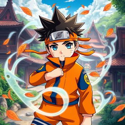 A beautiful boy inspired by Naruto anime, featuring vibrant orange and blue ninja attire, with spiky black hair and expressive blue eyes