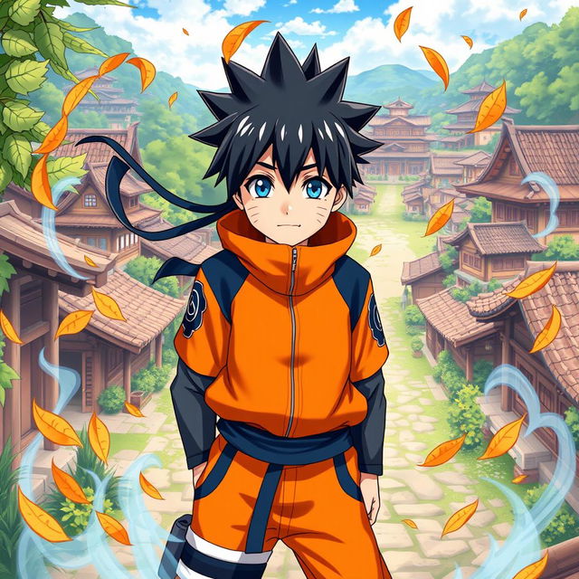 A beautiful boy inspired by Naruto anime, featuring vibrant orange and blue ninja attire, with spiky black hair and expressive blue eyes