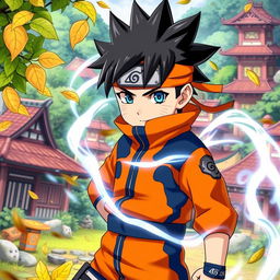 A beautiful boy inspired by Naruto anime, featuring vibrant orange and blue ninja attire, with spiky black hair and expressive blue eyes
