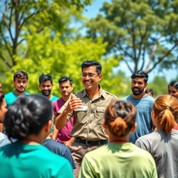 A vibrant and dynamic scene showcasing a diverse group of individuals engaged in an outdoor training session, with an emphasis on teamwork and leadership