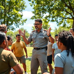 A vibrant and dynamic scene showcasing a diverse group of individuals engaged in an outdoor training session, with an emphasis on teamwork and leadership