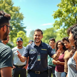 A vibrant and dynamic scene showcasing a diverse group of individuals engaged in an outdoor training session, with an emphasis on teamwork and leadership
