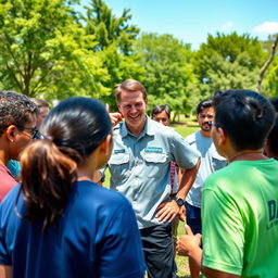 A vibrant and dynamic scene showcasing a diverse group of individuals engaged in an outdoor training session, with an emphasis on teamwork and leadership