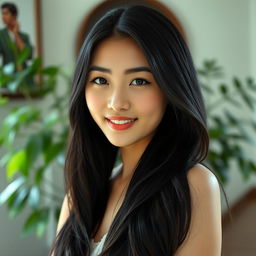 A portrait of a confident young Asian woman, standing gracefully with an alluring pose, showcasing her natural beauty in soft, diffused lighting