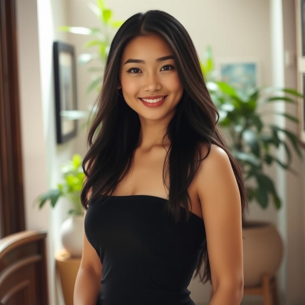 A portrait of a confident young Asian woman, standing gracefully with an alluring pose, showcasing her natural beauty in soft, diffused lighting