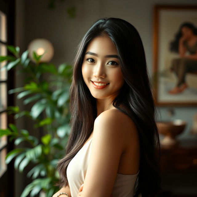 A portrait of a confident young Asian woman, standing gracefully with an alluring pose, showcasing her natural beauty in soft, diffused lighting