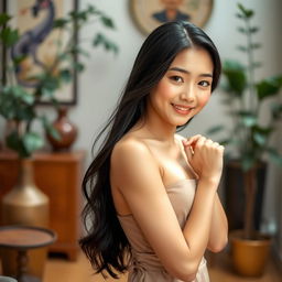 A portrait of a confident young Asian woman, standing gracefully with an alluring pose, showcasing her natural beauty in soft, diffused lighting
