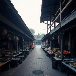 A traditional market closed for the day, showcasing empty stalls and abandoned goods