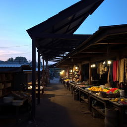 A traditional market closed for the day, showcasing empty stalls and abandoned goods