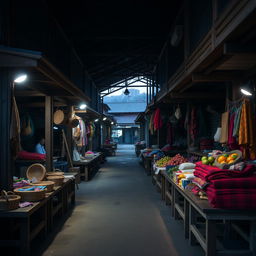 A traditional market closed for the day, showcasing empty stalls and abandoned goods