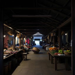 A traditional market closed for the day, showcasing empty stalls and abandoned goods