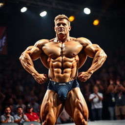 A muscular bodybuilder showcasing their strength and physique during a competition