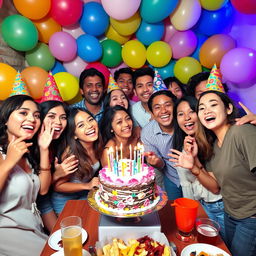 A vibrant and cheerful birthday celebration scene with a diverse group of friends enjoying a birthday party