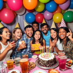 A vibrant and cheerful birthday celebration scene with a diverse group of friends enjoying a birthday party
