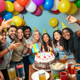 A vibrant and cheerful birthday celebration scene with a diverse group of friends enjoying a birthday party
