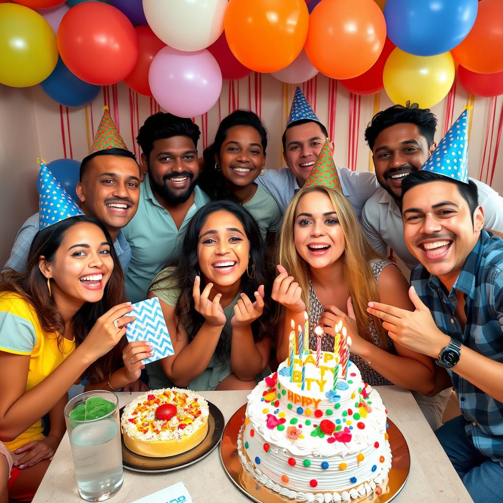 A vibrant and cheerful birthday celebration scene with a diverse group of friends enjoying a birthday party