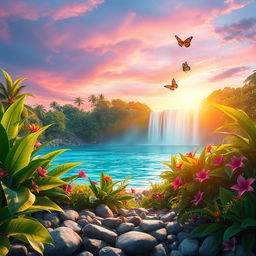 A stunning, high-definition image of an ethereal landscape featuring a magnificent waterfall flowing into a crystal-clear blue lagoon