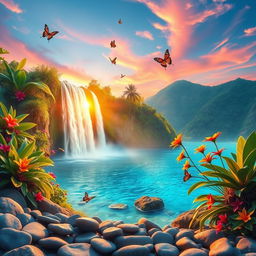 A stunning, high-definition image of an ethereal landscape featuring a magnificent waterfall flowing into a crystal-clear blue lagoon