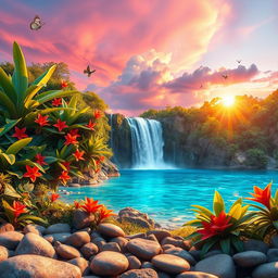 A stunning, high-definition image of an ethereal landscape featuring a magnificent waterfall flowing into a crystal-clear blue lagoon