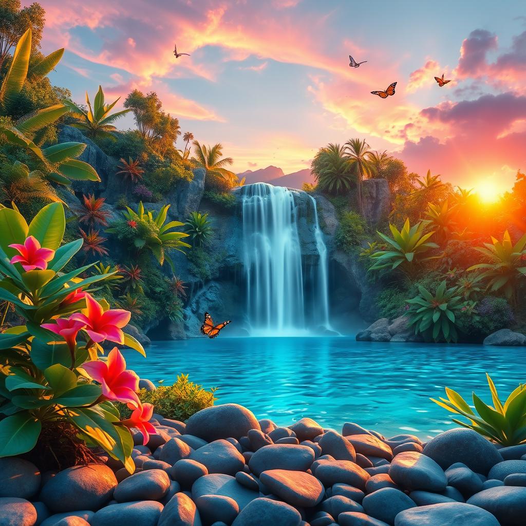 A stunning, high-definition image of an ethereal landscape featuring a magnificent waterfall flowing into a crystal-clear blue lagoon