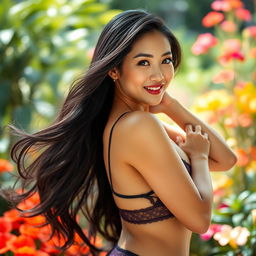 A beautiful Asian woman confidently posing in a stunning, artistic manner, emphasizing her curves and elegance