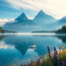 A captivating, high-definition image of a serene landscape featuring two majestic mountains rising in the distance, partially veiled by mist