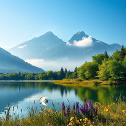 A captivating, high-definition image of a serene landscape featuring two majestic mountains rising in the distance, partially veiled by mist