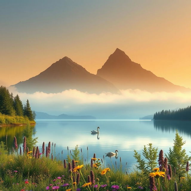 A captivating, high-definition image of a serene landscape featuring two majestic mountains rising in the distance, partially veiled by mist