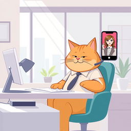 A digital, creative, and artistic illustration of a plump and cute orange father cat in office attire, sitting at his desk in a bright, modern office