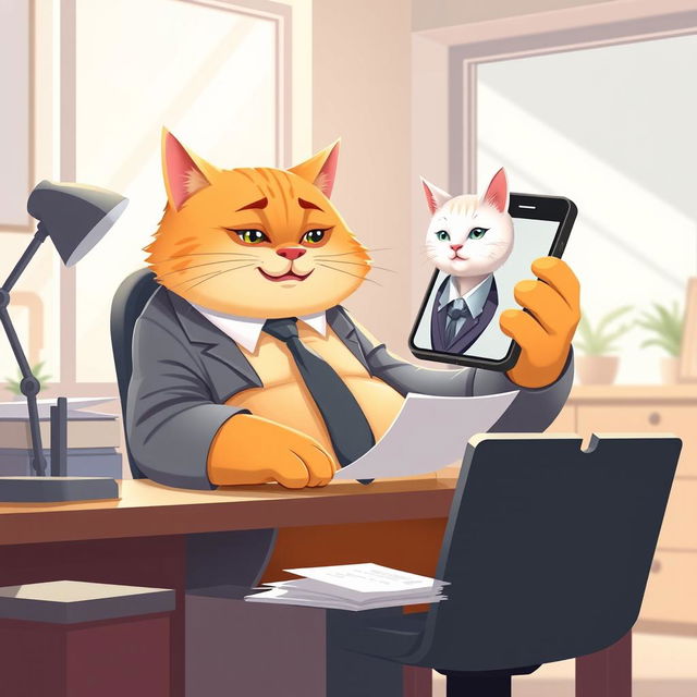 A digital, creative, and artistic illustration of a plump and cute orange father cat in office attire, sitting at his desk in a bright, modern office