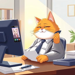 A digital, creative, and artistic illustration of a plump and cute orange father cat in office attire, sitting at his desk in a bright, modern office