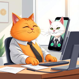 A digital, creative, and artistic illustration of a plump and cute orange father cat in office attire, sitting at his desk in a bright, modern office