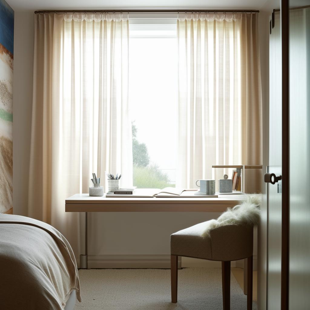 A cozy bedroom with a neatly organized desk, positioned next to a window with open curtains, allowing for ample natural light