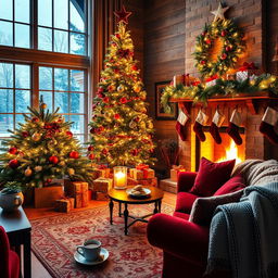 A cozy living room beautifully decorated for Christmas, featuring a large, brightly lit Christmas tree adorned with colorful ornaments, twinkling lights, and a star on top