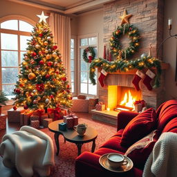 A cozy living room beautifully decorated for Christmas, featuring a large, brightly lit Christmas tree adorned with colorful ornaments, twinkling lights, and a star on top
