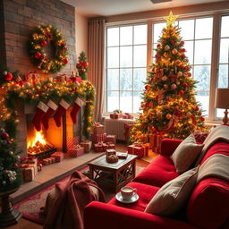 A cozy living room beautifully decorated for Christmas, featuring a large, brightly lit Christmas tree adorned with colorful ornaments, twinkling lights, and a star on top