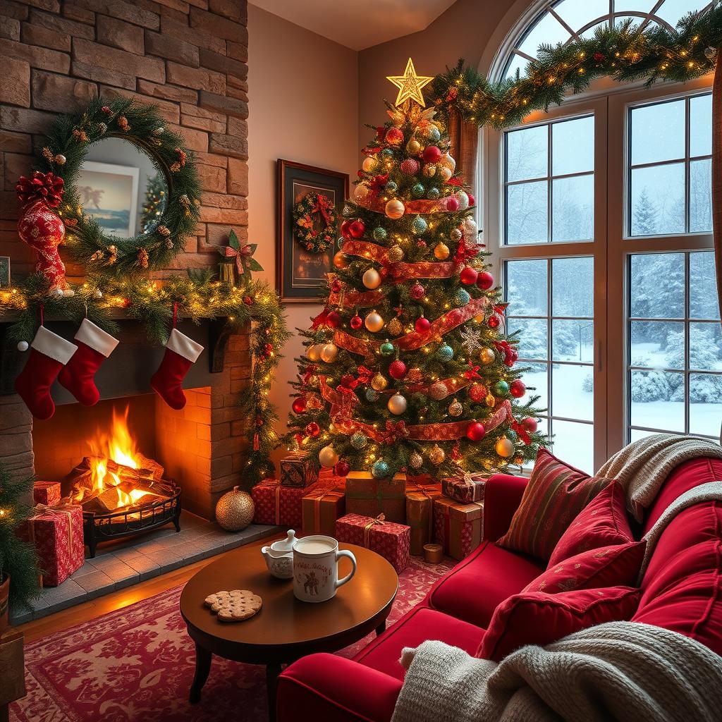 A cozy living room beautifully decorated for Christmas, featuring a large, brightly lit Christmas tree adorned with colorful ornaments, twinkling lights, and a star on top