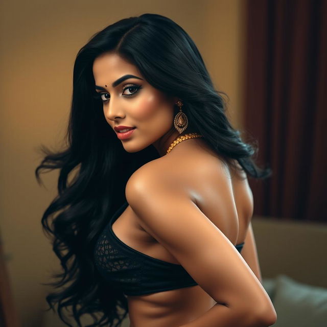 An artistic representation of a beautiful Indian woman posing suggestively in a sensuous manner, showcasing her curves and confident demeanor