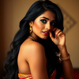 An artistic representation of a beautiful Indian woman posing suggestively in a sensuous manner, showcasing her curves and confident demeanor