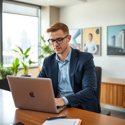 A professional worker in a modern office environment, wearing a tailored navy suit and a light blue dress shirt, sitting at a stylish wooden desk with a laptop open, focused on their work