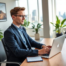 A professional worker in a modern office environment, wearing a tailored navy suit and a light blue dress shirt, sitting at a stylish wooden desk with a laptop open, focused on their work