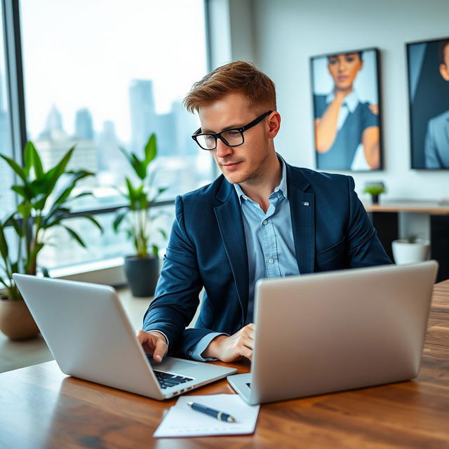 A professional worker in a modern office environment, wearing a tailored navy suit and a light blue dress shirt, sitting at a stylish wooden desk with a laptop open, focused on their work