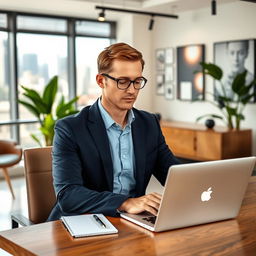 A professional worker in a modern office environment, wearing a tailored navy suit and a light blue dress shirt, sitting at a stylish wooden desk with a laptop open, focused on their work