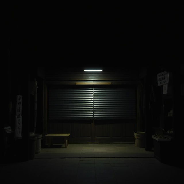 A traditional market shop closed for the night, featuring a wooden stall with tightly closed shutters