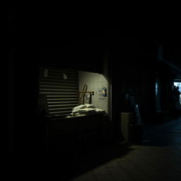 A traditional market shop closed for the night, featuring a wooden stall with tightly closed shutters