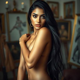 A sensual portrait of an Indian woman with stunning features, showcasing her long black hair and bold, expressive eyes