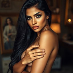 A sensual portrait of an Indian woman with stunning features, showcasing her long black hair and bold, expressive eyes